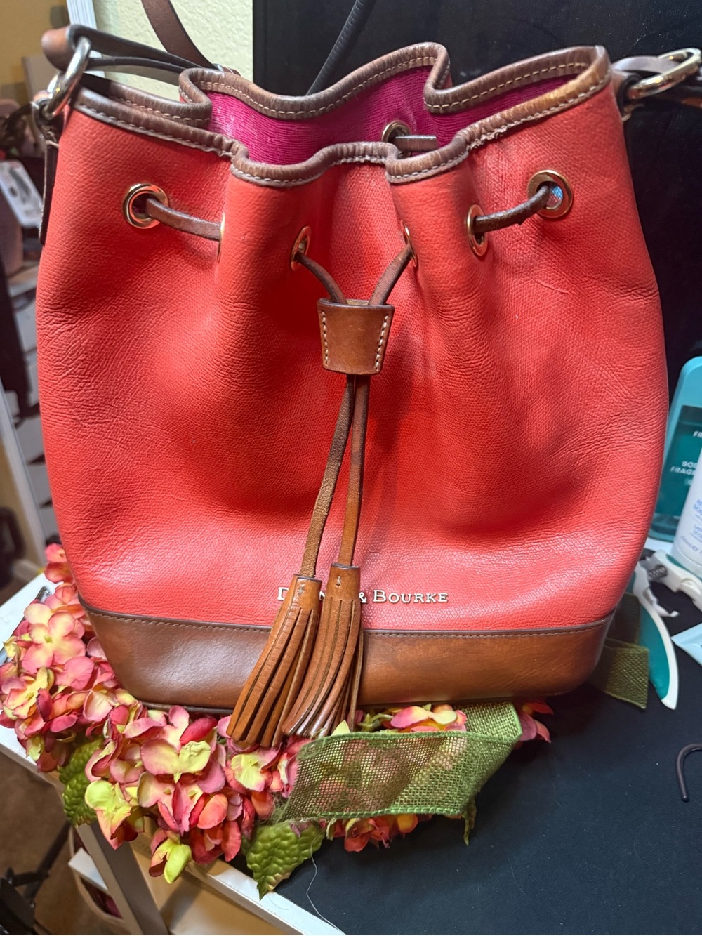 Dooney & Bourke Coral-Red Leather Drawstring Shoulder Bucket Bag with Brown Trim